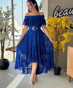أوبرا فاشن - فستان دانتيل أزرق بأكتاف مكشوفة وتصميم واسع