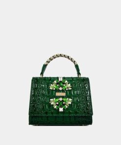 أوبرا فاشن - شنطة يد ماركة كريسبلا مرصعة بالأحجار بجلد فاخر لون اخضر