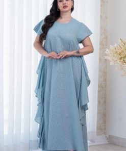 أوبرا فاشن - جلابية كويتية لون سماوي منقطة على درابية بالجوانب