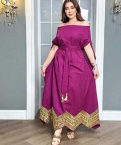 أوبرا فاشن - جلابية سهرة اوف شولدر مزين بترتر وتطريز بالاسفل مع حزام