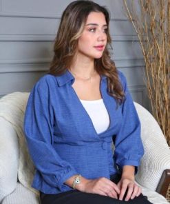 أوبرا فاشن - بلوزة لون كحلي قماش كتان باكمام ميدي