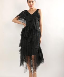 Alternative view of أوبرا فاشن - فستان سهره تل بنمط ورود على الاكتاف والخصر برسمات ثلاثية الابعاد