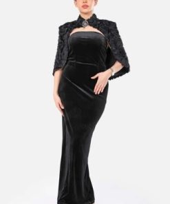 أوبرا فاشن - فستان سهرة اسود توب قماش مخمل مع شال مورد
