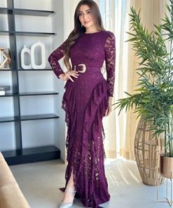 أوبرا فاشن - فستان سهرة طويل دانتيل درابية ماسك على الجسم باكمام شفافة