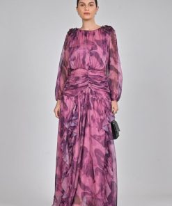 Alternative view of أوبرا فاشن - فستان سهرة طويل شيفون مشجر باكسسوار بالكتف ودرابية