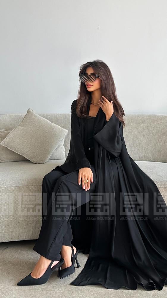 دار امتنان - عباية كلوش سوداء صيفية أنيقة بقماش بودرة- 1321 - Image 7