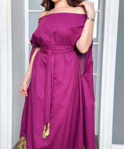 Alternative view of أوبرا فاشن - جلابية سهرة اوف شولدر مزين بترتر وتطريز بالاسفل مع حزام