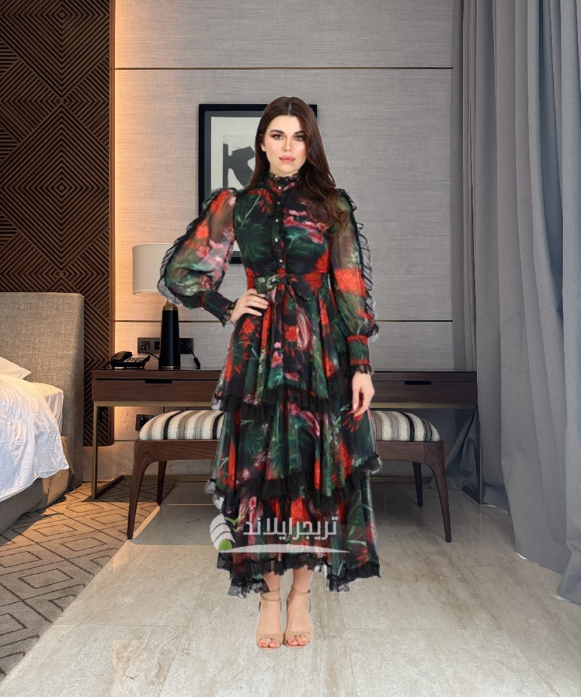 تريجر آيلاند - فستان ميدي شيفون مزين باطراف تل