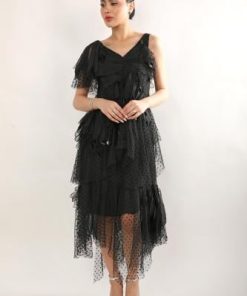 أوبرا فاشن - فستان سهره تل بنمط ورود على الاكتاف والخصر برسمات ثلاثية الابعاد