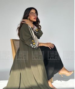 دار امتنان - عباية صيفية زيتية بتطريز ورد بتفاصيل أنيقة- 1430