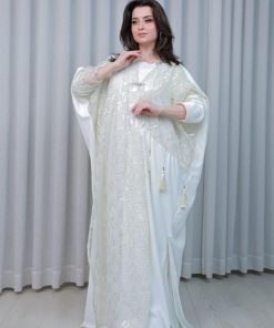 Alternative view of أوبرا فاشن - جلابية نسائية طويلة قطعتين مع ربطة بالخصر لون ابيض