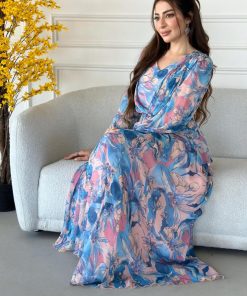 Alternative view of أوبرا فاشن - فستان شيفون طويل مشجر مورد بدرجه الوان متداخلة اكمام طويلة