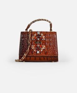 أوبرا فاشن - شنطة يد ماركة كريسبلا مرصعة بالأحجار بجلد فاخر لون بني