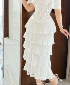 تريجر آيلاند - فستان جبير طبقات مزين باللولو باكمام شيفون بكسرات بليسيه