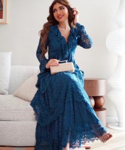 Alternative view of أوبرا فاشن - فستان دانتيل أزرق بطبقات وكشكشة أنيقة بتصميم راقٍ