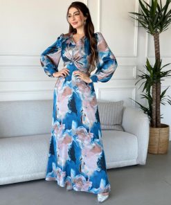 Alternative view of أوبرا فاشن - فستان طويل منقش بدرجات السماوي باكمام طويلة بقيضة