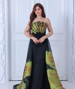 تريجر آيلاند - فستان سواريه أنيق، بدون أكتاف لامع بألوان الأسود مع كموني