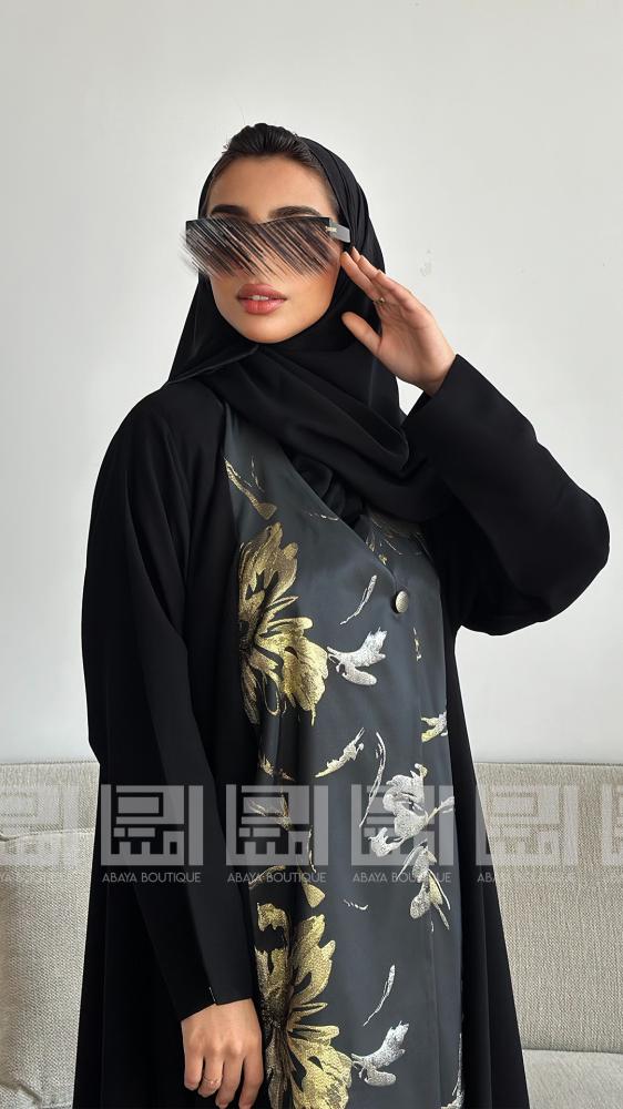 دار امتنان - عباية سوداء صيفية نصف كلوش بجاكار ملون بتداخل فضي وذهبي- 1478
