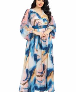 تريجر آيلاند - فستان مشجر طويل بالوان متعددة بحزام مرصع بالكريستال الصناعي