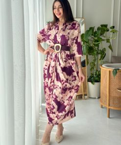 Alternative view of أوبرا فاشن - فستان قماش حرير مزين بنقوش منقش وبجيوب وحزام