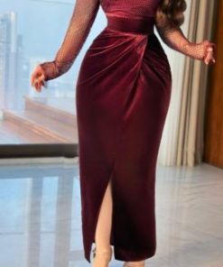 أوبرا فاشن - فستان سهرة مخمل عنابي بأكمام شيفون مزينة بالترتر