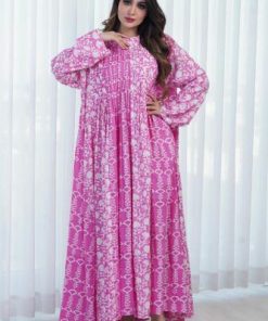 أوبرا فاشن - جلابية كويتية لون زهري وابيض مشجرة