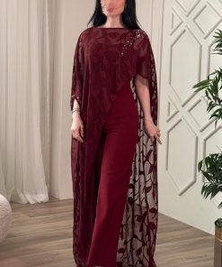 اكتان - جمبسوت قطعتين برداء شيفون لون عنابي