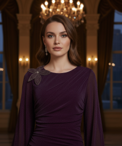 Alternative view of أوبرا فاشن - فستان سهرة برغندي جورسيه لامع بتصميم دربيات وإكسسوار كريستال فاخر