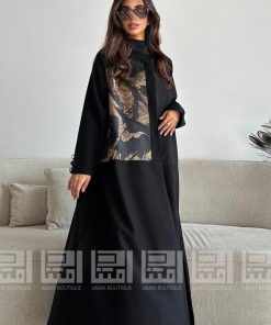 دار امتنان - عباية كلوش سوداء باردة بتداخل جاكار بني- 1473