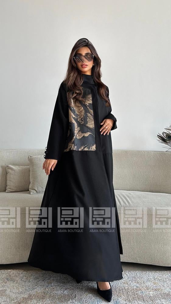 دار امتنان - عباية كلوش سوداء باردة بتداخل جاكار بني- 1473