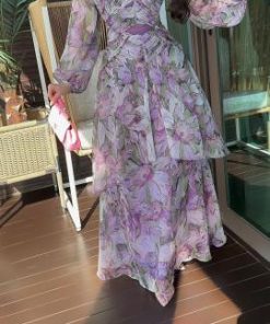 أوبرا فاشن - فستان شيفون مشجر درابية اكمام طويلة