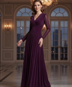 أوبرا فاشن - فستان سهرة برغندي تل استرتش بأكمام طويلة - تطريز لؤلؤ وكريستال