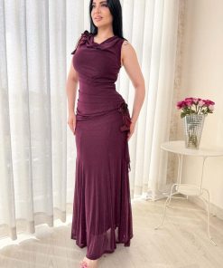 Alternative view of أوبرا فاشن - فستان ناعم استرتش لون برغندي مزين بورود بالخصر والكتف