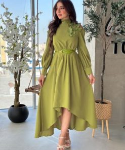 أوبرا فاشن - فستان ليموني مزين بالكتف بورود ثلاثية الابعاد اكمام طويلة