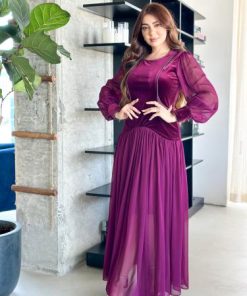 أوبرا فاشن - فستان سهرة مخمل وتل بأكمام شفافة وقصة أنيقة