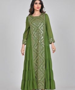 أوبرا فاشن - جلابية نسائية طويلة مطرزة من الامام لون اخضر