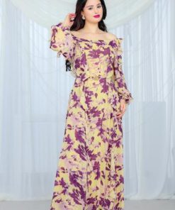 أوبرا فاشن - فستان شيفون مشجر بقصة أوف شولدر وتفاصيل كشكش أنثوية