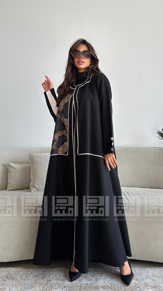 دار امتنان - عباية سوداء كلوش باردة بتداخل جاكار بني و قيطان بيج- 1472 - Image 7