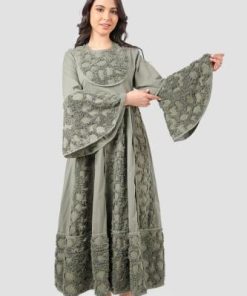 أوبرا فاشن - فستان ميدي لون زيتي مزين بورد ثلاثي الابعاد