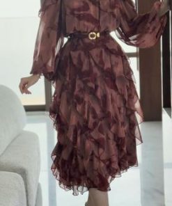 أوبرا فاشن - فستان ميدي شيفون مشجر اكمام طويلة ودرابية من الاسفل