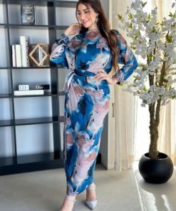 أوبرا فاشن - فستان مشجر لف زم على الخصر قماش حرير ستان