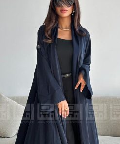 دار امتنان - عباية صيفية كلوش بقماش حراير كحلي بارد بتصميم A Line بأكمام واسعة- 1322