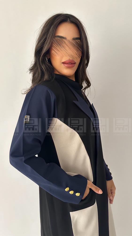 دار امتنان - عباية سوداء ربع كلوش بليزر بتفاصيل كحلي وبيج بقماش ليمار البارد- 1435 - Image 5