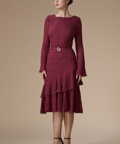 اكتان - فستان برغندي ميدي دانتيل