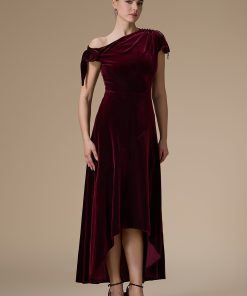 اكتان - فستان عودي ميدي مخمل بكتف واحد