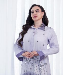 Alternative view of أوبرا فاشن - فستان طويل بياقة قماش لنن مزينة بتطريز وترتر