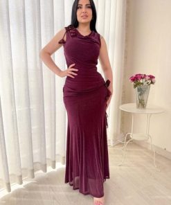 أوبرا فاشن - فستان ناعم استرتش لون برغندي مزين بورود بالخصر والكتف