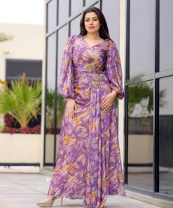 أوبرا فاشن - فستان شيفون مشجر بقصة لف مع تطريز ذهبي فاخر