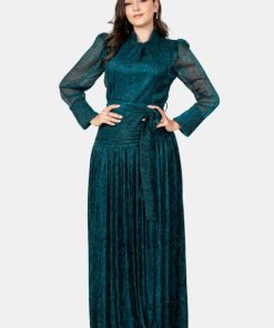 Alternative view of تريجر آيلاند - فستان سهرة ناعم طويل ساتر لامع بحزام على الخصر