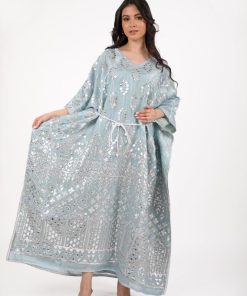 Alternative view of أوبرا فاشن - جلابية كويتية لون تيفاني قماش اورجانزا على ربطة بالخصر